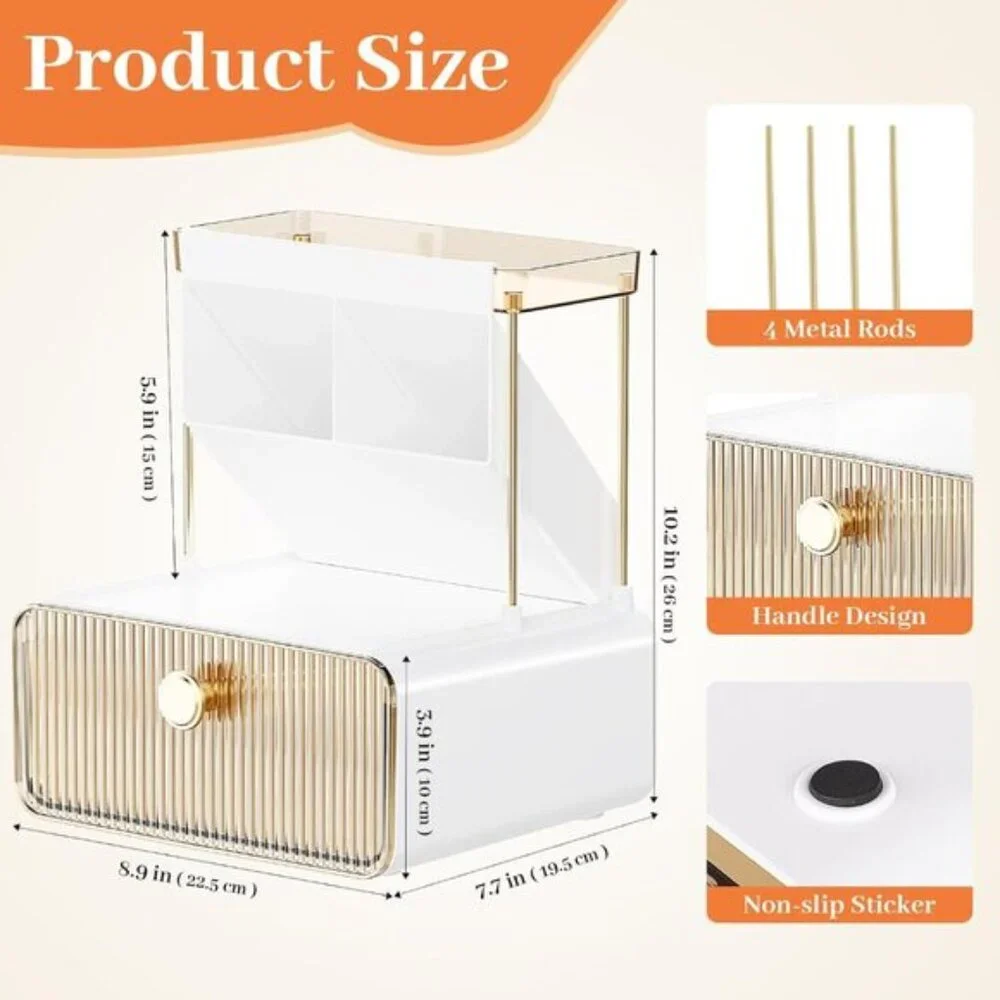 2-Tier 1-Drawer Makeup Organizer, Multi-Purpose Room Counter Storage, Amber